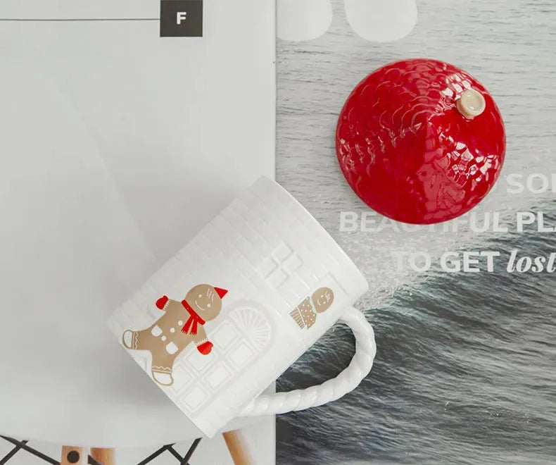 Gingerbread Man Red House Water Cup House Cottage Mug Coffee Cup With Lid - Bellarte Enchanté Gingerbread Man Red House Water Cup House Cottage Mug Coffee Cup With Lid